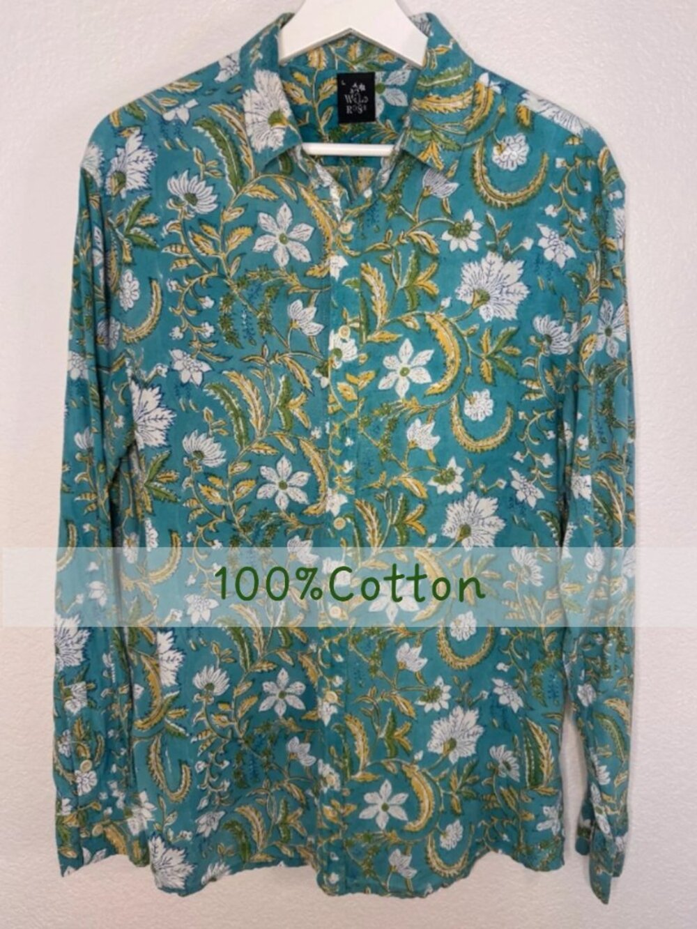 Wild Rose Unisex hand-block printed slow fashion ethical floral button-down  - L